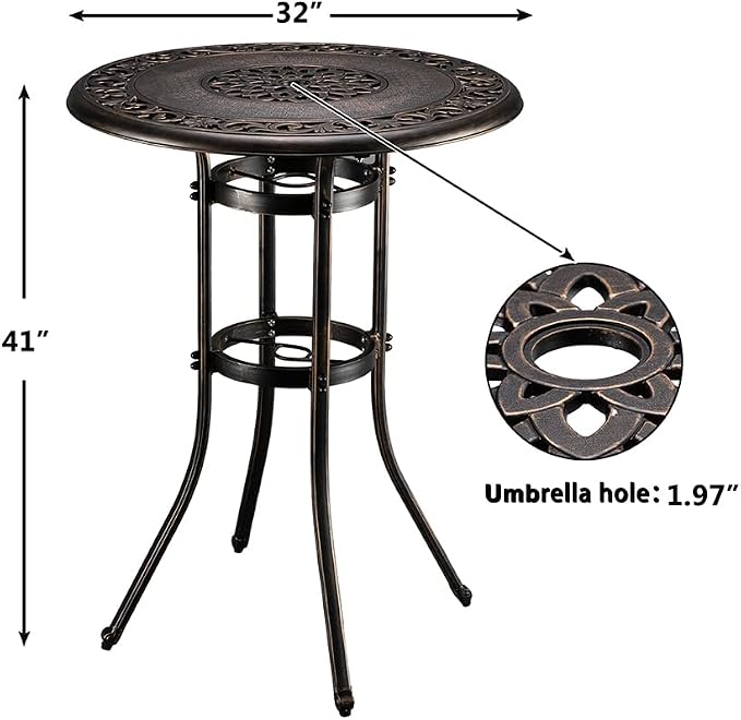 Outdoor Cast Aluminum Round Bar Table with Die Cast Tabletop in One Body and Strong Fixed Ring,Weatherproof Bar Height Cocktail Table with Umbrella Hole and Adjustable Foot Pads,Bronze