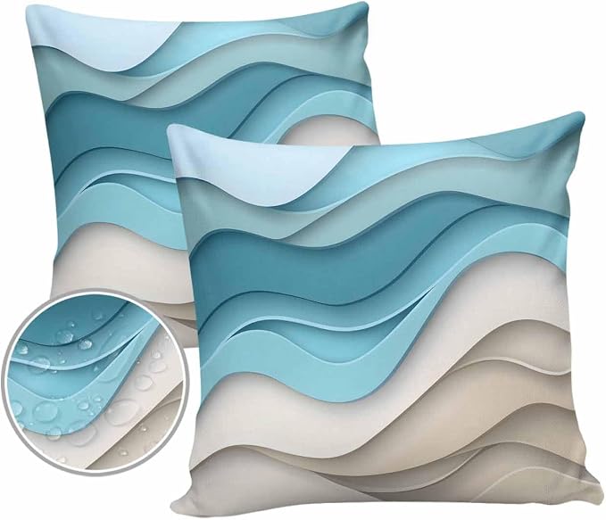 Pack of 2 Ombre Blue Brown Outdoor Pillow Waterproof Covers 20x20 inch, Abstract Wave Polyester Throw Pillow Covers Garden Cushion Decorative Case for Patio Couch Decoration