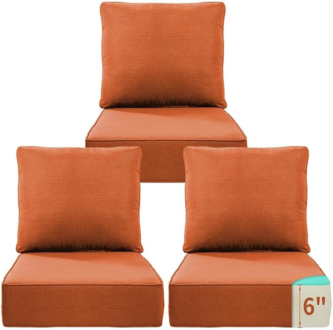 Luxury 22*24*6in Outdoor Patio Cushions, 3 Pieces Orange Outdoor Cushion | 6'' Thick Outdoor Cushions, Water-Resistant, Reversible, Removable Cover, for Patio Chairs Sofa Couch Loveseat