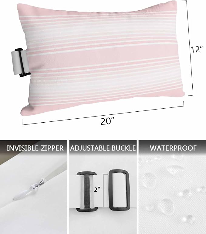 Pack of 4 Outdoor Lumbar Pillow Covers 12x20 Inch, Pink Striped Waterproof Throw Pillow Covers Set, Pink Ombre Farmhouse Stripes Indoor&Outdoor Decorative Cushion Cases for Patio Porch Car