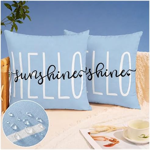 DFXSZ Sky Blue Outdoor Waterproof Pillow Covers 18x18 Set of 2 | Hello Sunshine Decor Spring Summer Polyester Pillow Covers(NO INSERTS)| Decor for Patio Funiture Garden Sofa Couch