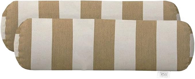 RSH Décor Sunbrella Neck Roll Bolster Pillows Set of 2 | 24”x8” | Outdoor Throw Pillows for Patio, Porch, Deck, or Poolside Chairs | Water & Fade-Resistant | Maxim Heather Beige Stripe - Made in USA