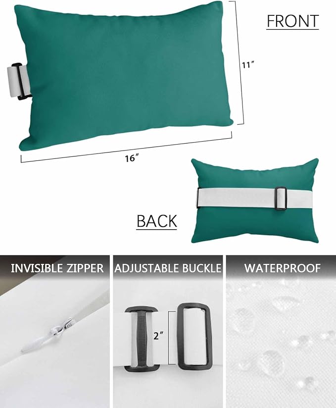 Chaise Lounge Chair Pillow with Strap & Insert Green Outdoor Recliner Head Pillow Pack of 2 Solid Green Color Waterproof Headrest Patio Lumbar Pillow for Beach Pool Office Chair 11x16 Inch