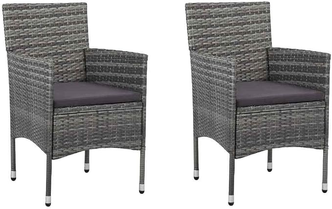 3 Piece Outdoor Dining Set Grey PE Rattan Square Bistro Table and 2 Chairs with Cushions for Patio Balcony Garden Space Saving Furniture Set for 2 People