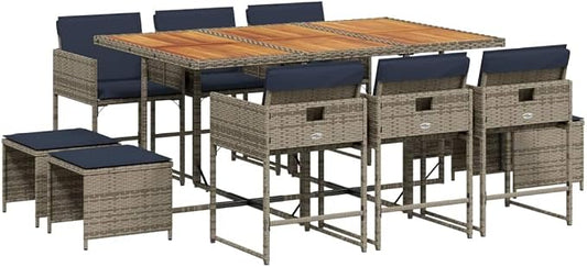 11 Piece Patio Dining Set, Grey PE Rattan Garden Table and Chairs Set with 6 Chairs, 4 Stools, Solid Acacia Wood Top Table and Navy Blue Cushions for Backyard Outdoor