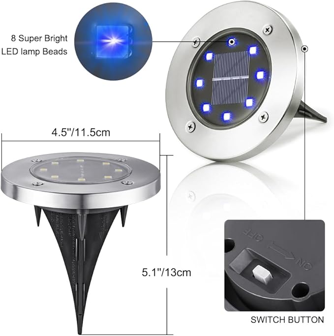 LYHOPE Solar Ground Lights Outdoor, 8 Pack 8 LED Solar Disk Lights Waterproof Garden In-ground Pathway Light Landscape Lighting for Lawn,Yard,Deck,Patio,Walkway (Blue)