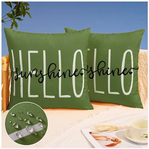 DFXSZ Olive Green Outdoor Waterproof Pillow Covers 18x18 Set of 2 | Hello Sunshine Decor Spring Summer Polyester Pillow Covers(NO INSERTS)| Decor for Patio Funiture Garden Sofa Couch