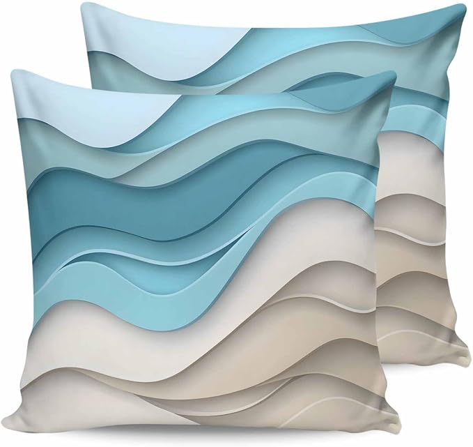 Pack of 2 Ombre Blue Brown Outdoor Pillow Waterproof Covers 16x16 inch, Abstract Wave Polyester Throw Pillow Covers Garden Cushion Decorative Case for Patio Couch Decoration