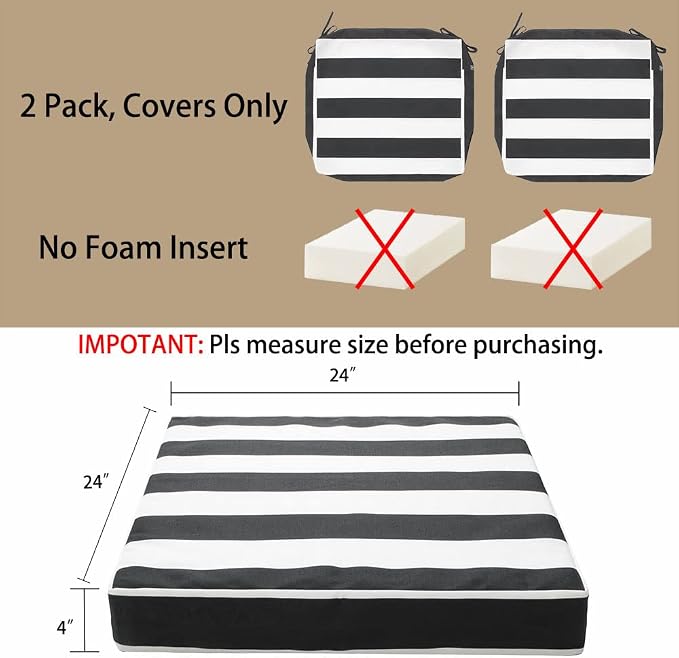 Magpie Fabrics Indoor Outdoor Cushion Cover Replacement 2 Pack, NO Insert! Water Repellent Slipcover with Ties Christmas Decor for Patio Garden Chair Seat Sofa Bench Wicker(Black White, 24x24x4 Inch)