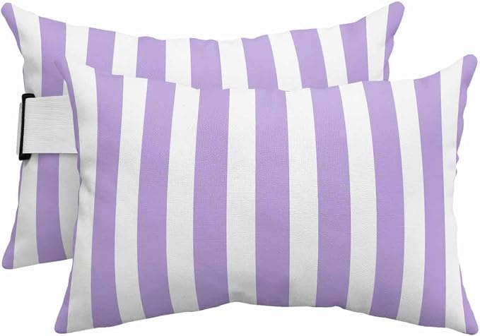 DecorLovee Purple Striped Outdoor Recliner Pillows for Head, Farmhouse Waterproof Chair Pillow with Elastic Stripe, Purple White Stripes Chaise Lounge Headrest Pillow for Patio/Pool 2Pack, 11"x16"