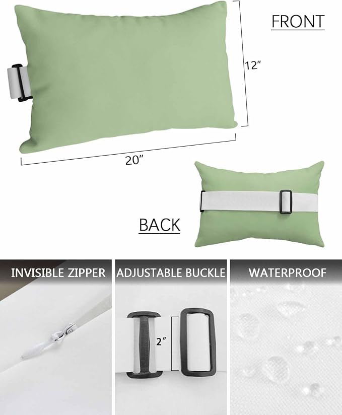 Chaise Lounge Chair Pillow with Strap & Insert Sage Green Outdoor Recliner Head Pillow Pack of 2 Solid Green Color Waterproof Headrest Patio Lumbar Pillow for Beach Pool Office Chair 12x20 Inch