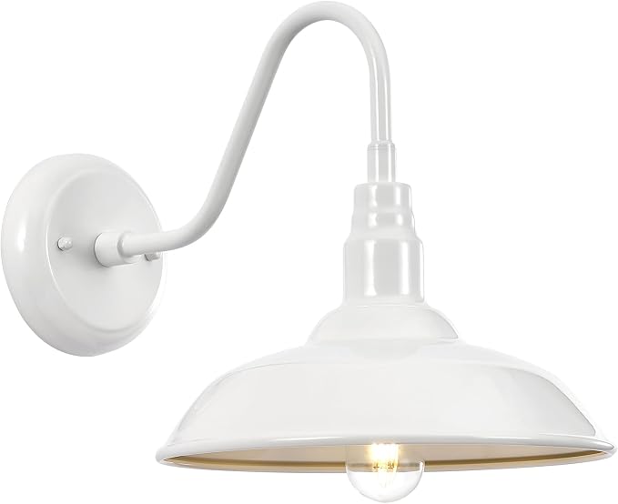 10 Inch Dome Outdoor Gooseneck Barn Light Fixture White Exterior Barn Wall Lantern, Farmhouse Porch Outside Wall Mount Lighting, Waterproof Outdoor Coach Wall Sconce for Garage, Patio