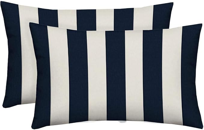RSH DECOR: Lumbar Throw Pillows Set of 2 | 20" x 12" | All-Weather Spun Fabric | Water and Fade-Resistant | Outdoor Support Pillows for Patio Furniture | Navy Blue & White Stripe