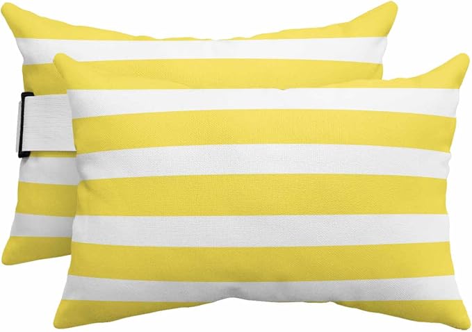 Modern Stripes Lines Outdoor Head Pillows for Recliner Lounge Chair,Pack of 2 Waterproof Throw Pillow Cushion Cases with Insert&Elastic Strap,Yellow and White Neck Pillow for Patio Beach