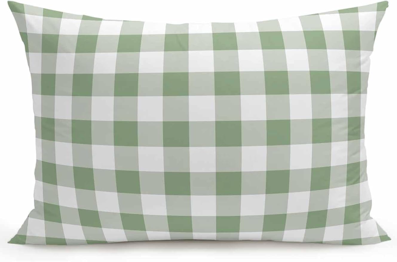 Waterproof Outdoor Pillow 1 Pack Green Buffalo Plaid Decorative Throw Pillows Cover & Insert 20x12 Inch Lumbar Pillowcase Check Lines Pillows for Couch Sofa Bed Patio Furniture Indoor Outdoor