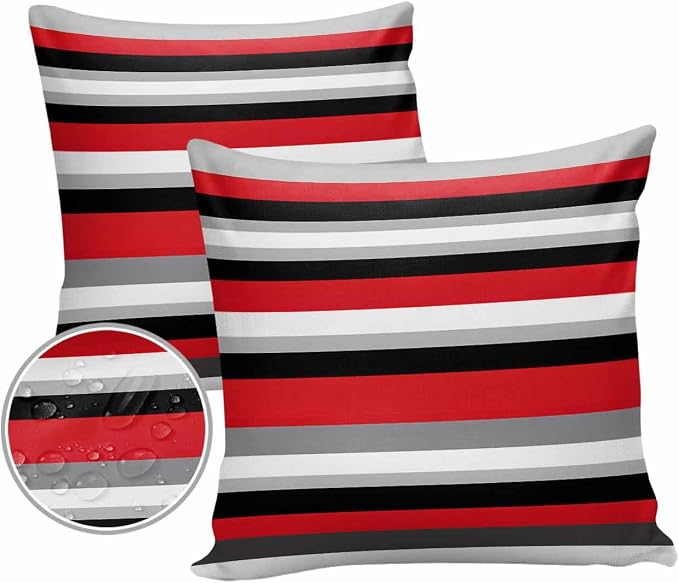 Pack of 2 Red Black Grey Stripes Outdoor Pillow Waterproof Covers 24x24 inch, Geometric Mexican Style Polyester Throw Pillow Covers Garden Cushion Decorative Case for Patio Couch Decoration