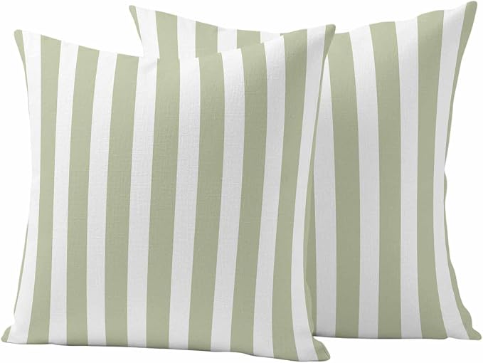 Sage Green Striped Outdoor Waterproof Throw Pillow Covers 20x20 Set of 2, Modern Farmhouse Sage Green White Stripes Decorative Pillowcases Cushion Pillowcase for Couch Sofa Patio Pillow Protector