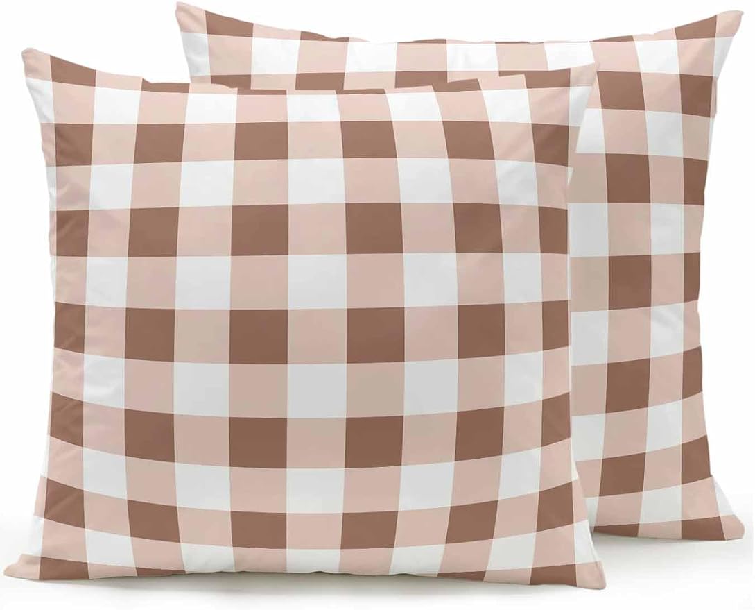 Waterproof Outdoor Pillow Set of 2 Brown Buffalo Plaid Decorative Throw Pillows Cover & Insert 18x18 Inch Pillowcase Check Lines Square Pillows for Couch Sofa Bed Patio Furniture Indoor Outdoor