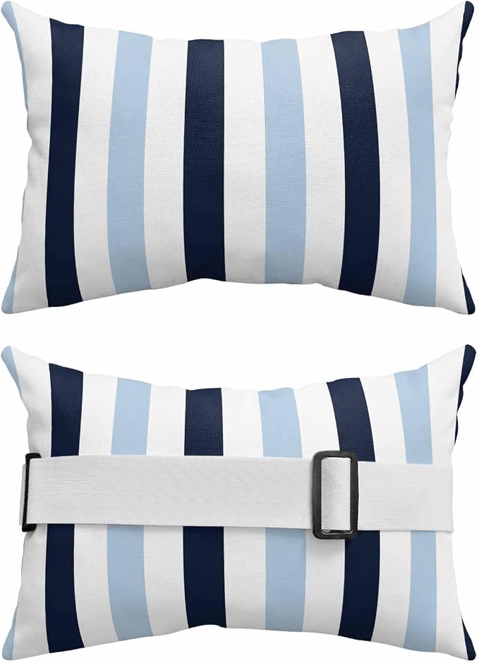Pack of 2 Outdoor Lumbar Pillow Covers 12x20 Inch, Navy Blue Aqua Striped Waterproof Throw Pillow Covers Set, Farmhouse Stripe Art Indoor&Outdoor Decorative Cushion Cases for Patio Porch Beach