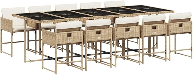 11 Piece Patio Dining Set with Cushions Beige Poly Rattan, Outdoor Rattan Dining Table for 10, Foldable Space-Saving Chairs with Removable Cushion Covers, UV-Proof Garden Furniture for Backyard Lawn