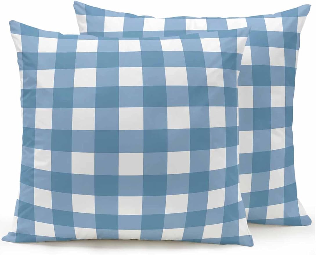 Waterproof Outdoor Pillow Set of 2 Buffalo Plaid Decorative Throw Pillows Cover & Insert 16x16 Inch Pillowcase Blue Check Lines Square Pillows for Couch Sofa Bed Patio Furniture Indoor Outdoor