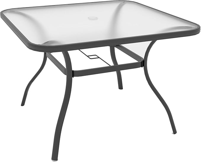 5 Piece Outdoor Dining Set with 37" Square Glass Table and BeigeGrey Chairs | 4 Piece Stackable Chairs Textilene Seat and Back, Table & Chair with Metal Frame, Square Glass Table Top, 1.7" Umbrella Hole