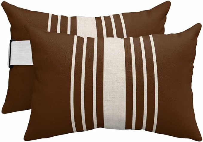 Pack of 4 Outdoor Lumbar Pillow Covers 12x20 Inch, Brown Beige Striped Waterproof Throw Pillow Covers Set, Modern Farmhouse Retro Lines Indoor&Outdoor Decorative Cushion Cases for Patio Porch Beach