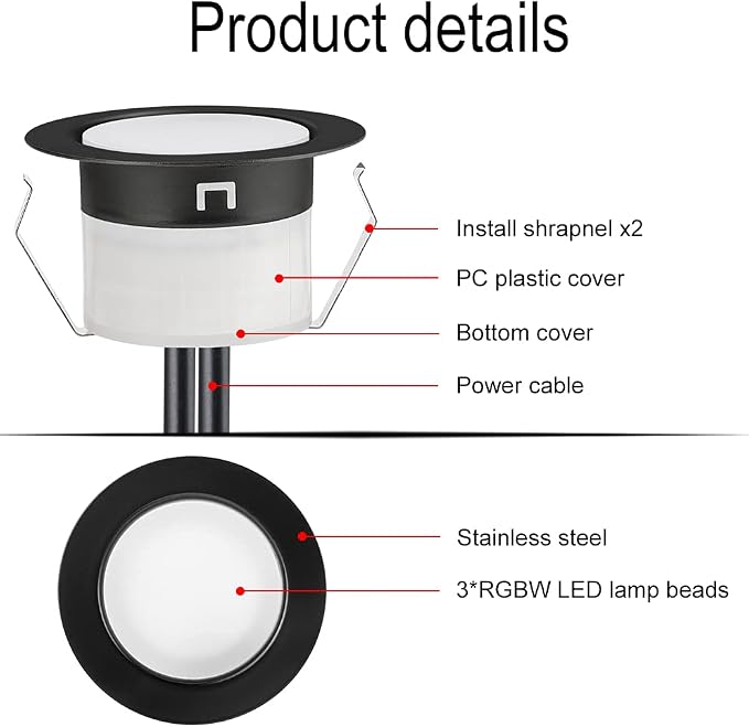 Low Voltage Recessed RGBW Deck Light, Φ1.22 RGB & Warm White Stainless Steel Waterproof Outdoor Step Lighting In-ground Landscape Pathway Patio Stair Decor Lamp, Black