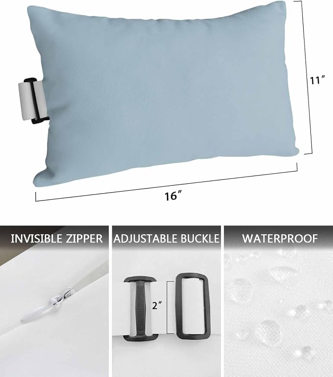 DecorLovee Sky Blue Outdoor Recliner Pillows for Head, Modern Pure Blue Waterproof Chair Pillow with Elastic Stripe, Farmhouse Chaise Lounge Headrest Pillow for Patio/Beach/Pool 2Pack, 11"x16"