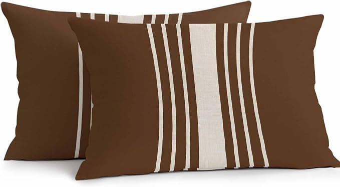 Lumbar Pillow Covers 20x12 Inch Set of 2, Brown Beige Striped Waterproof Outdoor Cushion Covers, Modern Farmhouse Retro Lines Decorative Pillowcases for Couch, Sofa, Bed, Garden, Patio