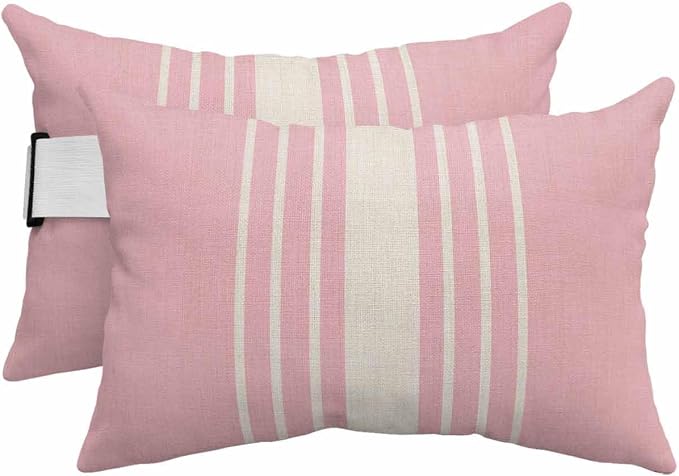 Pack of 4 Outdoor Lumbar Pillow Covers 11x16 Inch, Pink Beige Striped Waterproof Throw Pillow Covers Set, Modern Farmhouse Retro Lines Indoor&Outdoor Decorative Cushion Cases for Patio Porch Beach