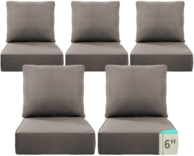 Luxury 22*24*6in Outdoor Patio Cushions, 5 Pieces Grey Outdoor Cushion | 6'' Thick Outdoor Cushions, Water-Resistant, Reversible, Removable Cover, for Patio Chairs Sofa Couch Loveseat