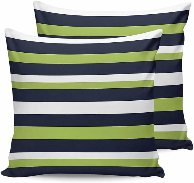 Pack of 2 Blue Green White Stripes Outdoor Pillow Waterproof Covers 20x20 inch, Classic Geometric Polyester Throw Pillow Covers Garden Cushion Decorative Case for Patio Couch Decoration