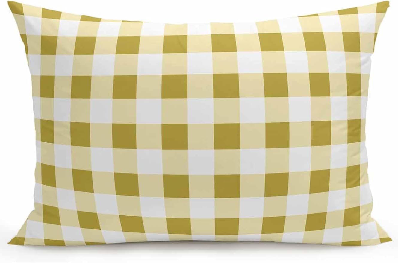 Waterproof Outdoor Pillow 1 Pack Buffalo Plaid Decorative Throw Pillows Cover & Insert 20x12 Inch Lumbar Pillowcase Yellow Check Lines Pillows for Couch Sofa Bed Patio Furniture Indoor Outdoor