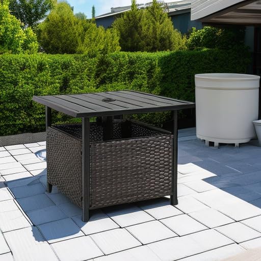 Patio PE Wicker Umbrella Side Table Stand, Outdoor Bistro Table with Umbrella Hole