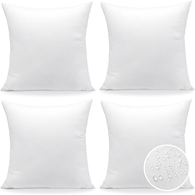 OTOSTAR Waterproof Throw Pillow Inserts 18x18 Inch, Set of 4 Water Resistant Square Form Cushion Stuffer for Garden, Bench, Patio - Decorative Outdoor Sofa Pillow Inserts White