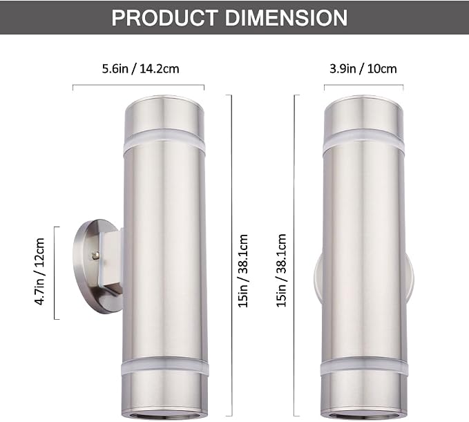 15" Stainless Steel Modern Outdoor Wall Sconce Cylinder Porch Light | E26 Base,UL listed,Brushed Nickel Up and Down Lights Outdoor Exterior Lighting Fixture for House Garage Patio Porch Garden