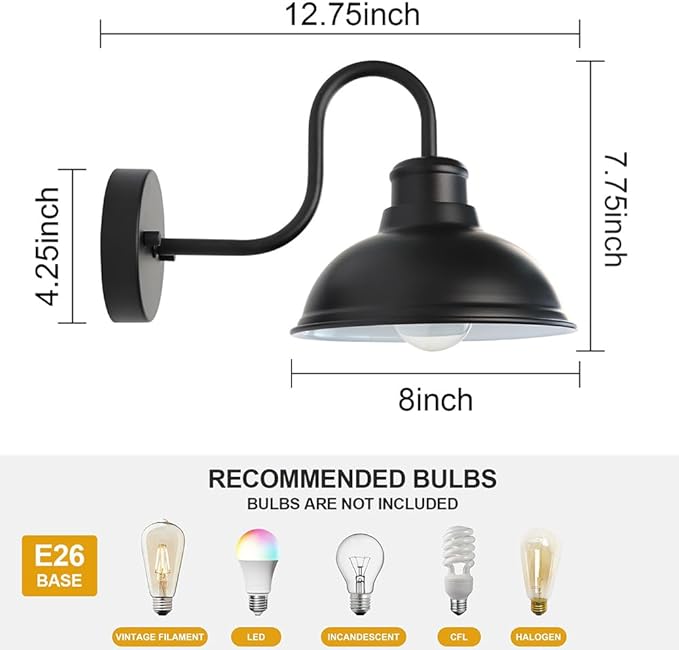 Gooseneck Barn Light Outdoor Wall Lights 8" Exterior Lighting Fixtures | Anti-Rust Waterproof Farmhouse Industrial Vintage Wall-Mount Matte Black for Porch/Patio Garage/Yard ETL Listed