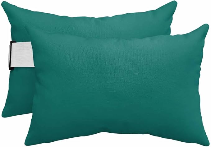 Chaise Lounge Chair Pillow with Strap & Insert Green Outdoor Recliner Head Pillow Pack of 2 Solid Green Color Waterproof Headrest Patio Lumbar Pillow for Beach Pool Office Chair 12x20 Inch