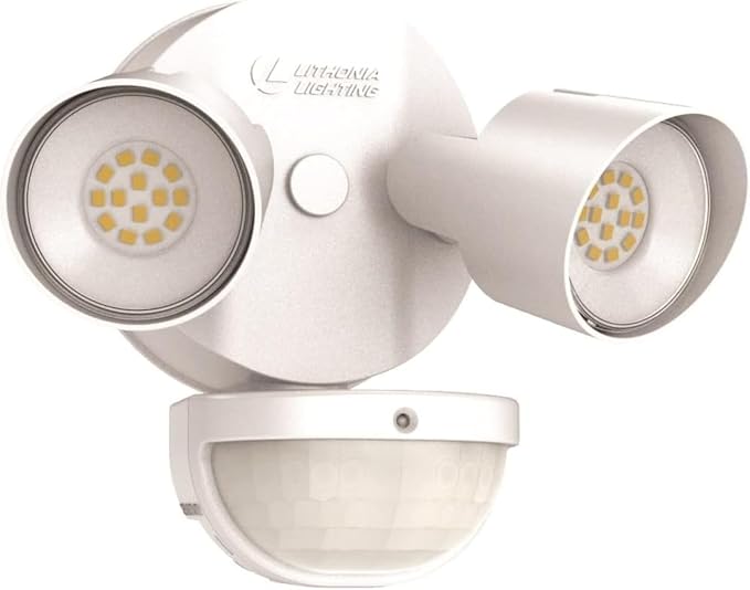 Lithonia Lighting HomeGuard 2-Light LED Outdoor Flood Lights, Motion Sensor | White Motion Sensor Outdoor Lights with Dusk to Dawn, 4000K Cool White, Round Heads (HGX LED 2RH 40K 120 MO WH M2)