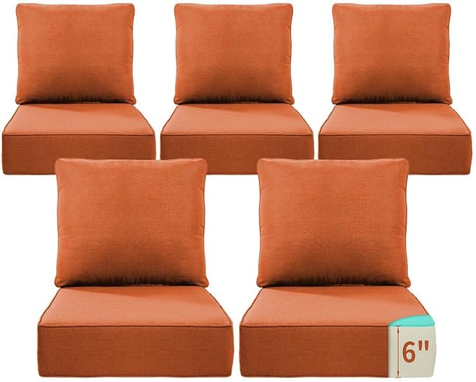 Luxury 22*24*6in Outdoor Patio Cushions, 5 Pieces Orange Outdoor Cushion | 6'' Thick Outdoor Cushions, Water-Resistant, Reversible, Removable Cover, for Patio Chairs Sofa Couch Loveseat