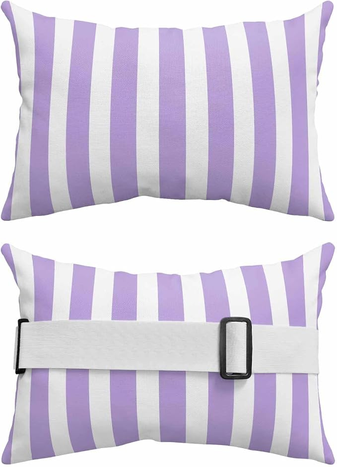 DecorLovee Purple Striped Outdoor Recliner Pillows for Head, Farmhouse Waterproof Chair Pillow with Elastic Stripe, Purple White Stripes Chaise Lounge Headrest Pillow for Patio/Pool 2Pack, 11"x16"