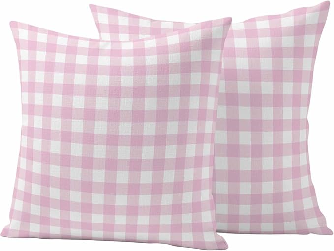 Light Pink Checks Outdoor Pillow Covers 24"x24" Set of 2, Gingham Plaid Abstract Modern Minimalist Waterproof Throw Pillow Covers for Patio Furniture, Decorative Cushion Covers for Porch