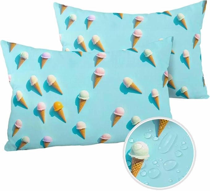 Lumbar Pillow Covers 12 x 20 Inches, Blue Ice Cream Waterproof Throw Pillow Cover Set of 2, Summer Colorful Ice Cream Home Decorative Rectangle Cushion Covers for Patio/Tent/Couch/Garden