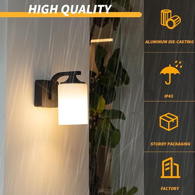 Outdoor Wall Lamp, Waterproof and Anti-Rust Aluminium Modern wall Light Fixture Milk Glass Indoor for Outside,Garden, Matt Black