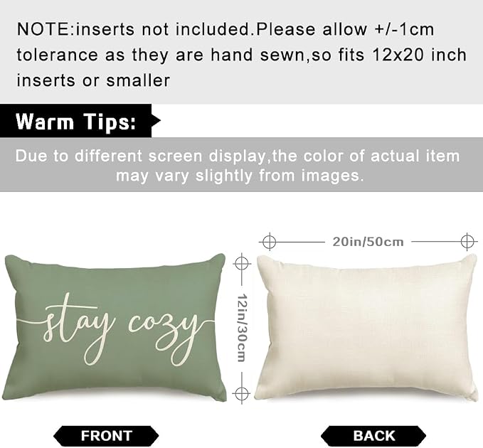 RABUSOFA Green Outdoor Pillow Covers 12x20 Waterproof Stay Cozy Decoration | Outdoor Patio Decoration, Waterproof & Durable Fabric, Machine Washable, Invisible Zipper, Not Insert