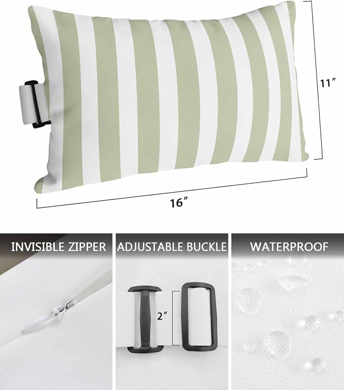 DecorLovee Sage Green Striped Outdoor Recliner Pillows for Head, Farmhouse Waterproof Chair Pillow with Elastic Stripe, Sage Green Stripes Chaise Lounge Headrest Pillow for Patio/Pool 2Pack, 11"x16"