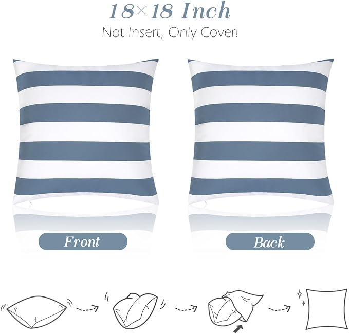 Lewondr 2 Pack Outdoor Throw Pillow Covers, 18"x18", Navy Blue + White | Square Stripe, Waterproof, For Outdoor Patio Porch Farmhouse Garden Balcony Couch, 45x45cm