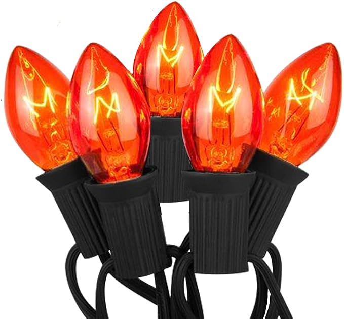 GOOTHY Halloween Orange String Lights Outdoor, 25Ft C7 Halloween Decorations Lights with 27 Clear Orange Bulbs (2 Spare), Waterproof Vintage Christmas Lights for Patio Party Holiday Garden- Black