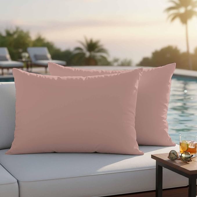 Lumbar Pillow Covers 12 x 20 Inches, Pink Pure Color Waterproof Throw Pillow Cover Set of 2, Aesthetics Contemporary Luxury Decorative Rectangle Cushion Covers for Patio/Couch/Garden